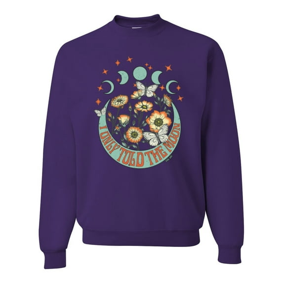 Wild Bobby I Only Told The Moon, Moon Phases Daisies and Butterflies Vintage Unisex Crewneck Sweatshirt, Purple, 3X-Large