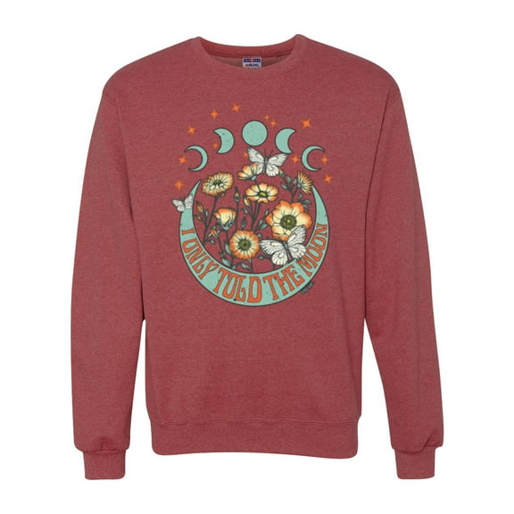 Wild Bobby I Only Told The Moon, Moon Phases Daisies and Butterflies Vintage Unisex Crewneck Sweatshirt, Vintage Heather Red, X-Large