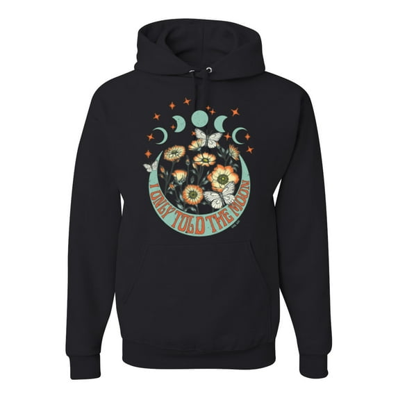 Wild Bobby I Only Told The Moon, Moon Phases Daisies and Butterflies Vintage Unisex Hoodie Sweatshirt, Black, Small