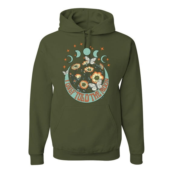 Wild Bobby I Only Told The Moon, Moon Phases Daisies and Butterflies Vintage Unisex Hoodie Sweatshirt, Military Green, Medium