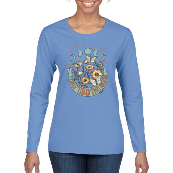 Wild Bobby I Only Told The Moon, Moon Phases Daisies and Butterflies Vintage Women Graphic Long Sleeve Tee, Light Blue, X-Large
