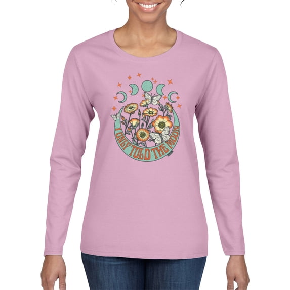 Wild Bobby I Only Told The Moon, Moon Phases Daisies and Butterflies Vintage Women Graphic Long Sleeve Tee, Light Pink, Large