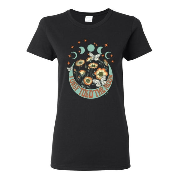 Wild Bobby I Only Told The Moon, Moon Phases Daisies and Butterflies Vintage Women Graphic Tee, Black, Small