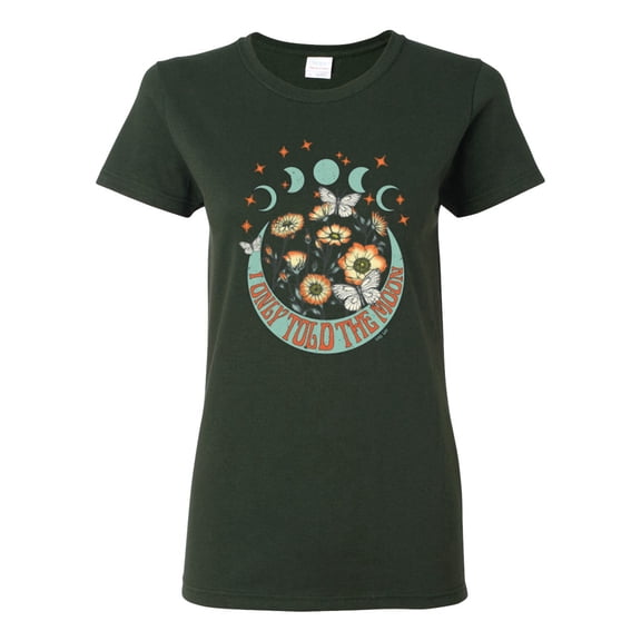 Wild Bobby I Only Told The Moon, Moon Phases Daisies and Butterflies Vintage Women Graphic Tee, Forest Green, Medium