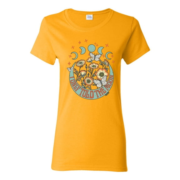 Wild Bobby I Only Told The Moon, Moon Phases Daisies and Butterflies Vintage Women Graphic Tee, Gold, Large