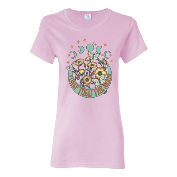 Wild Bobby I Only Told The Moon, Moon Phases Daisies and Butterflies Vintage Women Graphic Tee, Light Pink, Small