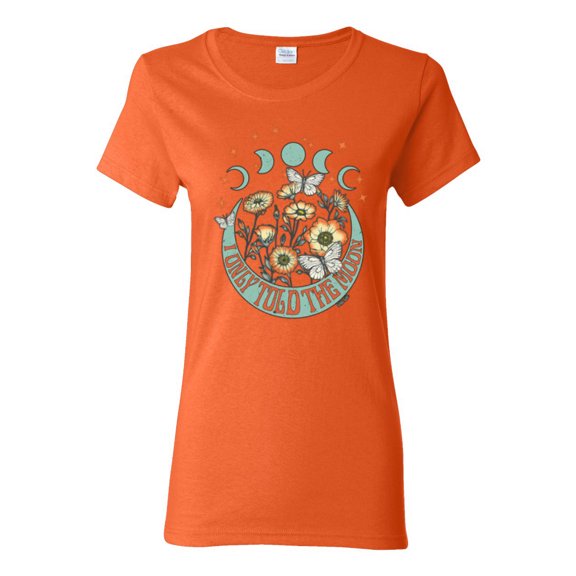 Wild Bobby I Only Told The Moon, Moon Phases Daisies and Butterflies Vintage Women Graphic Tee, Orange, Small