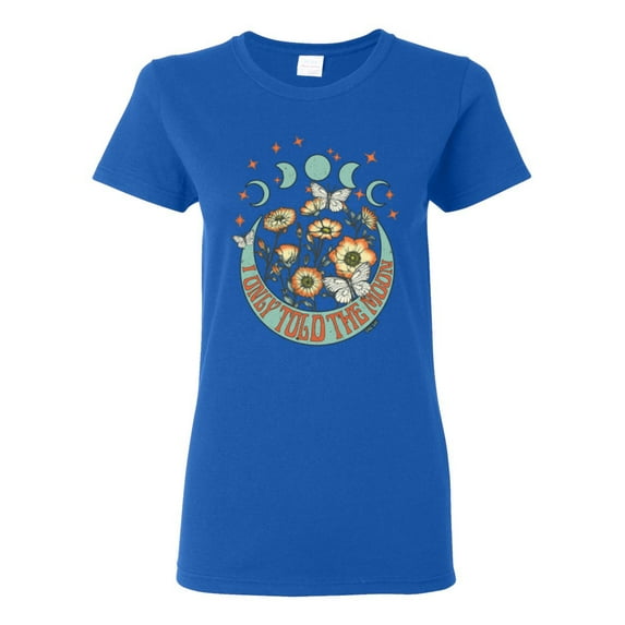 Wild Bobby I Only Told The Moon, Moon Phases Daisies and Butterflies Vintage Women Graphic Tee, Royal, Medium