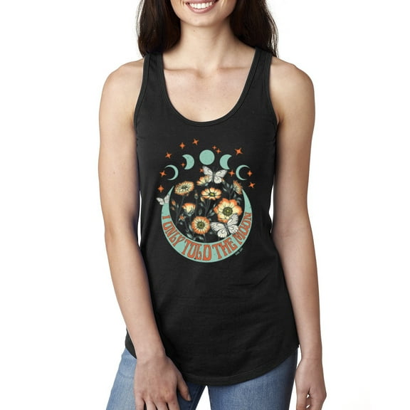 Wild Bobby I Only Told The Moon, Moon Phases Daisies and Butterflies Vintage Women Racerback Tank Top, Black, Small