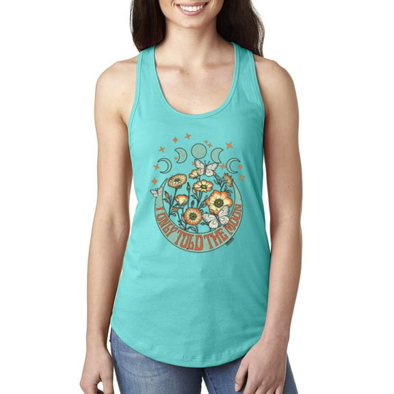 Wild Bobby I Only Told The Moon, Moon Phases Daisies and Butterflies Vintage Women Racerback Tank Top, Tahiti Blue, Small