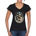 thumbnail image 1 of Wild Bobby I Only Told The Moon, Moon Phases Daisies and Butterflies Vintage Women Standard V-Neck Tee, Black, Small, 1 of 6