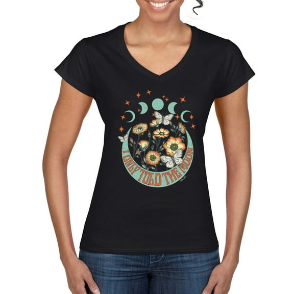 Wild Bobby I Only Told The Moon, Moon Phases Daisies and Butterflies Vintage Women Standard V-Neck Tee, Black, Small