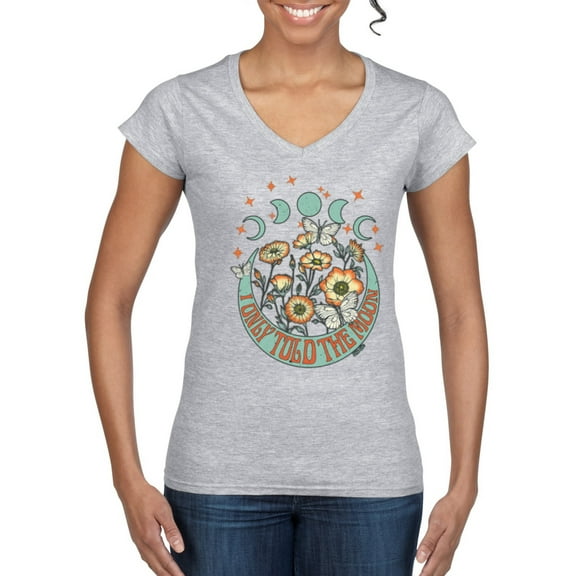 Wild Bobby I Only Told The Moon, Moon Phases Daisies and Butterflies Vintage Women Standard V-Neck Tee, Heather Grey, Small