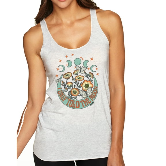 Wild Bobby I Only Told The Moon, Moon Phases Daisies and Butterflies Vintage Women Tri-Blend Racerback Tank Top, Heather White, Medium