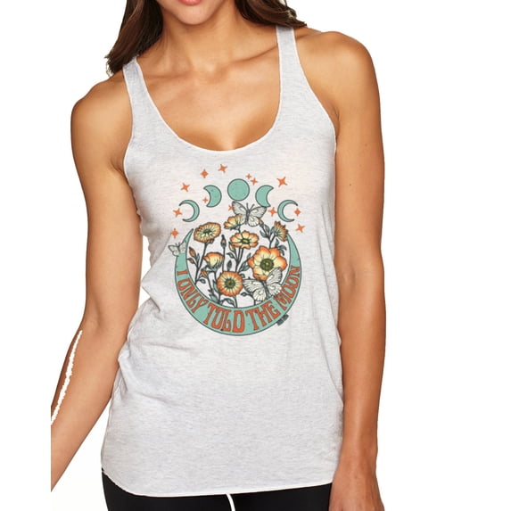 Wild Bobby I Only Told The Moon, Moon Phases Daisies and Butterflies Vintage Women Tri-Blend Racerback Tank Top, Heather White, Small