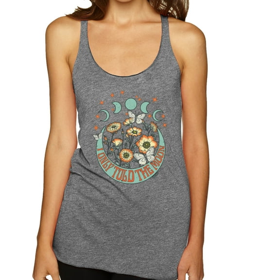 Wild Bobby I Only Told The Moon, Moon Phases Daisies and Butterflies Vintage Women Tri-Blend Racerback Tank Top, Premium Heather, Medium