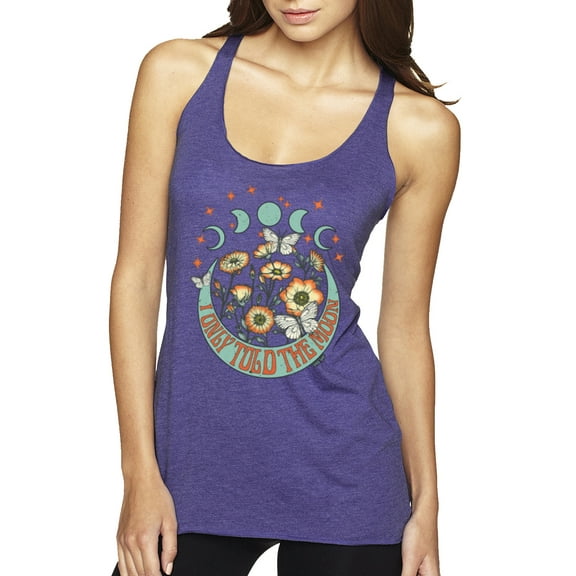 Wild Bobby I Only Told The Moon, Moon Phases Daisies and Butterflies Vintage Women Tri-Blend Racerback Tank Top, Purple Rush, Small