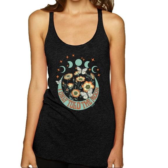Wild Bobby I Only Told The Moon, Moon Phases Daisies and Butterflies Vintage Women Tri-Blend Racerback Tank Top, Vintage Black, Small