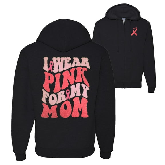 Wild Bobby I Wear Pink for My Mom Mother | Breast Cancer Awareness Support Trendy Fuzzy Pink Chenille Fabric Patch Style Front and Back Zip Up Hoodie Sweatshirt