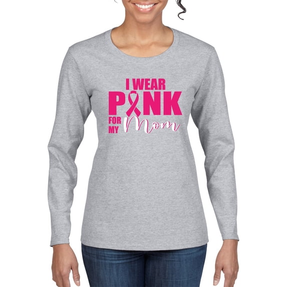 Wild Bobby I Wear Pink for My Mom Survivor Awareness Breast Cancer Awareness Women Graphic Long Sleeve T-Shirt, Heather Grey, X-Large