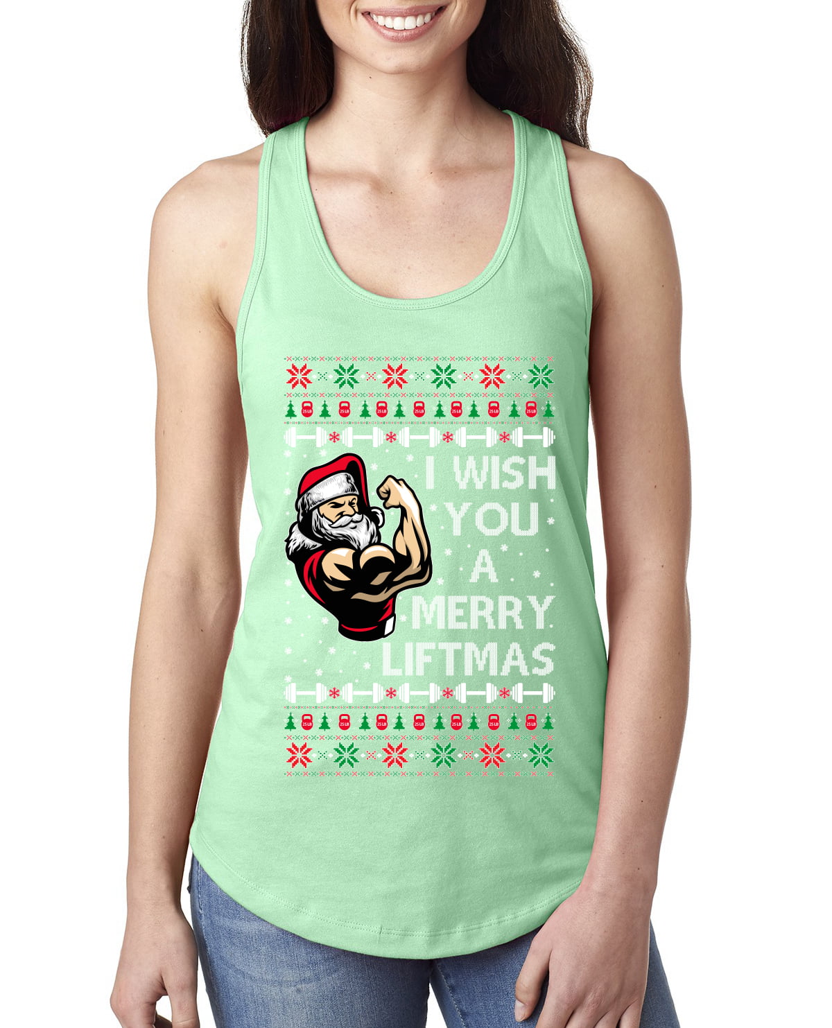 Wild Bobby, I Wish You a Merry Liftmas Funny Swole Santa Claus Gym Lifting  Ugly Christmas Sweater Women Racerback Tank Top, White, X-Large