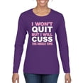 thumbnail image 1 of Wild Bobby I Won't Quit but I Will Cuss the Whole Time Gym/Workout Women Graphic Long Sleeve Tee, Purple, Small, 1 of 5