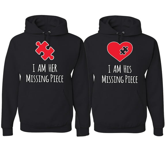 Wild Bobby, I am Her Missing Piece I am His Missing Piece His and Hers Matching Couples Hoodies, Black, Mens XL-Womens L
