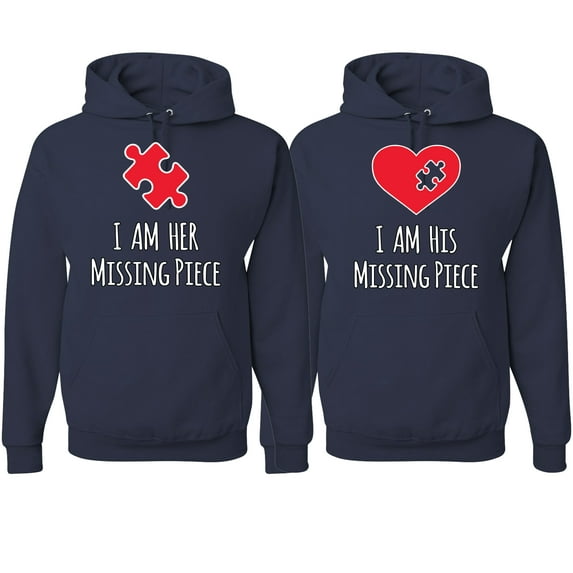 Wild Bobby, I am Her Missing Piece I am His Missing Piece His and Hers Matching Couples Hoodies, Navy, Mens L-Womens M