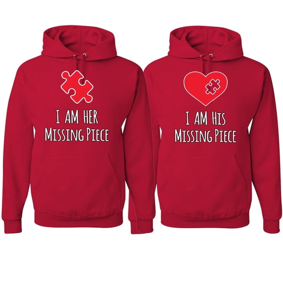 Wild Bobby, I am Her Missing Piece I am His Missing Piece His and Hers Matching Couples Hoodies, Red, Mens S-Womens S