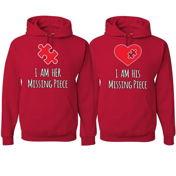Wild Bobby, I am Her Missing Piece I am His Missing Piece His and Hers Matching Couples Hoodies, Red, Mens XL-Womens M