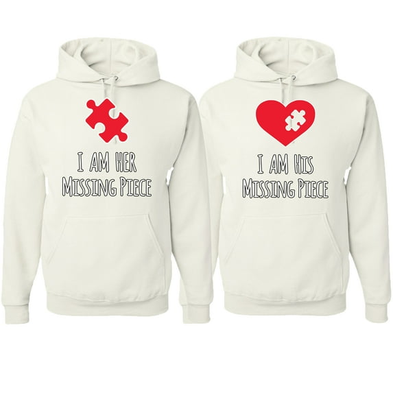 Wild Bobby, I am Her Missing Piece I am His Missing Piece His and Hers Matching Couples Hoodies, White, Mens L-Womens L