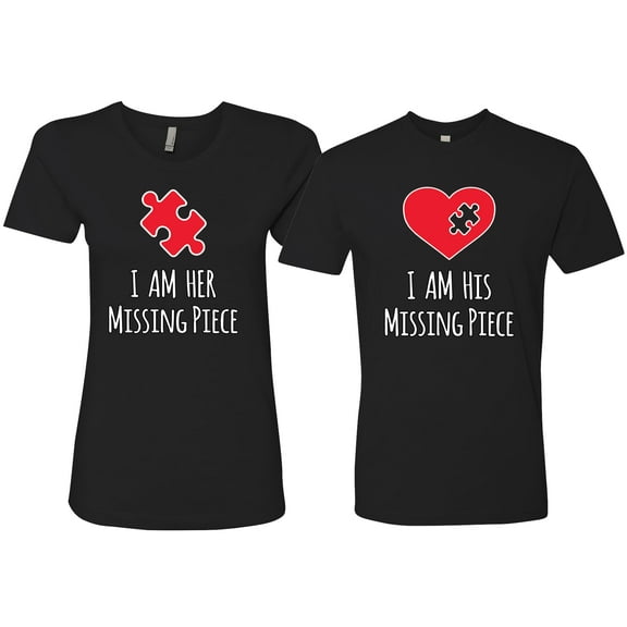 Wild Bobby, I am Her Missing Piece I am His Missing Piece His and Hers Matching Couples T shirts, Black, Mens S-Womens S