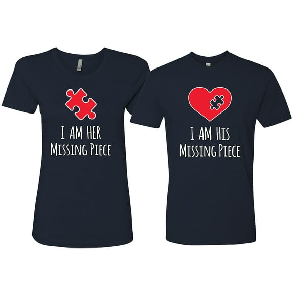 Wild Bobby, I am Her Missing Piece I am His Missing Piece His and Hers Matching Couples T shirts, Navy, Mens 3XL-Womens 2XL