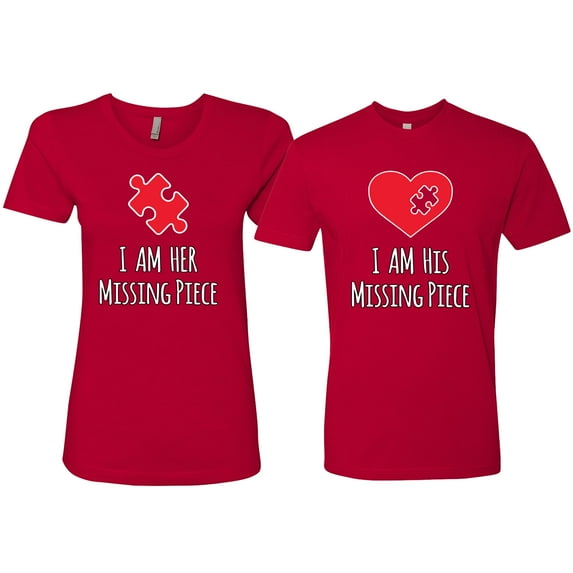 Wild Bobby, I am Her Missing Piece I am His Missing Piece His and Hers Matching Couples T shirts, Red, Mens S-Womens M