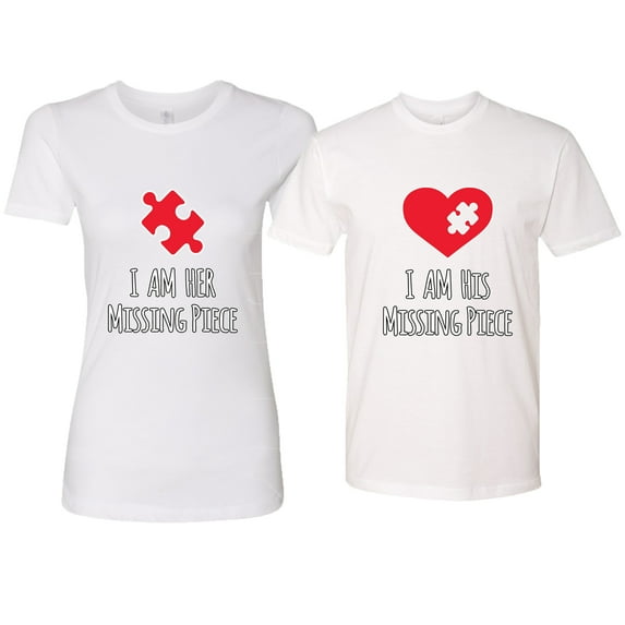Wild Bobby, I am Her Missing Piece I am His Missing Piece His and Hers Matching Couples T shirts, White, Mens L-Womens M