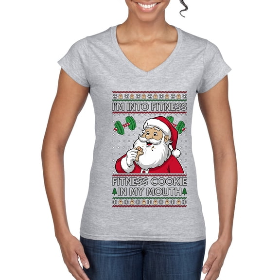 Wild Bobby I'm Into Fitness Cookie In My Mouth Santa Sweater | Holiday Women Standard V-Neck Tee