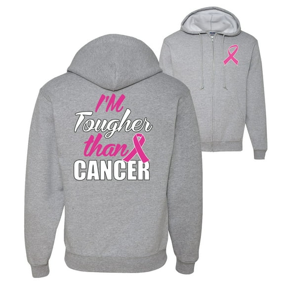 Wild Bobby, I'm Tougher Than Cancer, Breast Cancer Awareness, Front and Back Graphic Zip Up Hoodie Sweatshirt, Heather Grey, Large