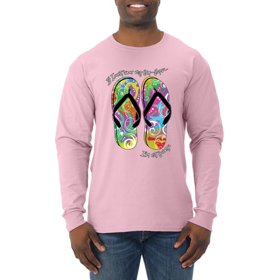 Wild Bobby, If I Can't Wear My Flip Flops I'm Not Going Colorful Sandals Streetwear Mens Long Sleeve Shirt, Light Pink, Large