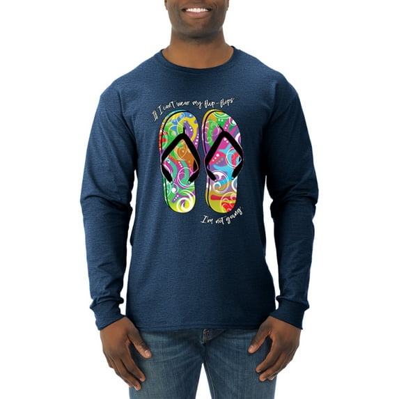 Wild Bobby, If I Can't Wear My Flip Flops I'm Not Going Colorful Sandals Streetwear Mens Long Sleeve Shirt, Vintage Heather Navy, 3XL