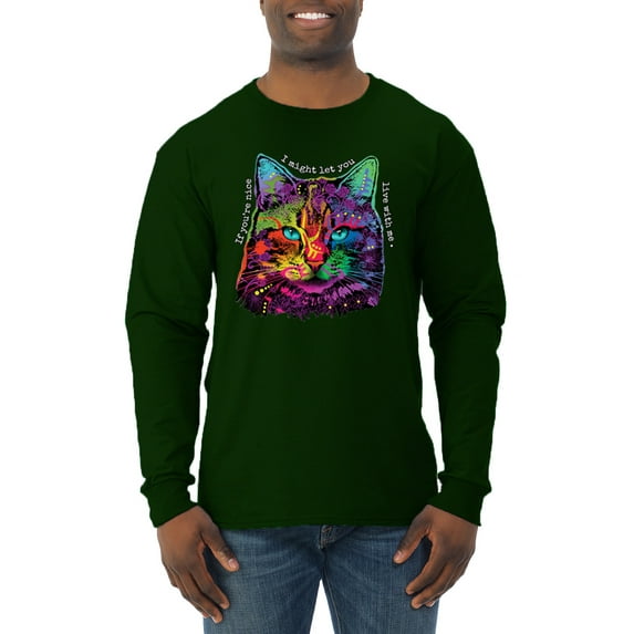 Wild Bobby, If You're Nice I Might Let You Live With Me Colorful Cat Animal Lover Mens Long Sleeve Shirt, Forest Green, 2XL