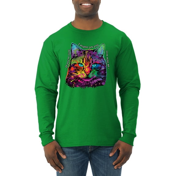 Wild Bobby, If You're Nice I Might Let You Live With Me Colorful Cat Animal Lover Mens Long Sleeve Shirt, Kelly, X-Large
