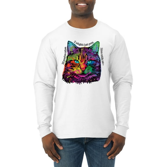 Wild Bobby, If You're Nice I Might Let You Live With Me Colorful Cat Animal Lover Mens Long Sleeve Shirt, White, Large