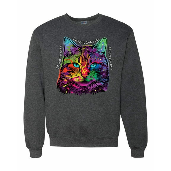 Wild Bobby, If You're Nice I Might Let You Live With Me Colorful Cat Animal Lover Unisex Crewneck Graphic Sweatshirt, Heather Black, Medium