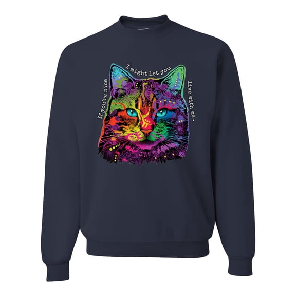 Wild Bobby, If You're Nice I Might Let You Live With Me Colorful Cat Animal Lover Unisex Crewneck Graphic Sweatshirt, Navy, Medium