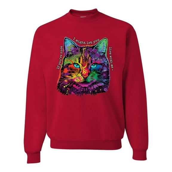 Wild Bobby, If You're Nice I Might Let You Live With Me Colorful Cat Animal Lover Unisex Crewneck Graphic Sweatshirt, Red, Medium