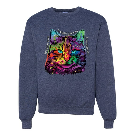Wild Bobby, If You're Nice I Might Let You Live With Me Colorful Cat Animal Lover Unisex Crewneck Graphic Sweatshirt, Vintage Heather Navy, 2XL