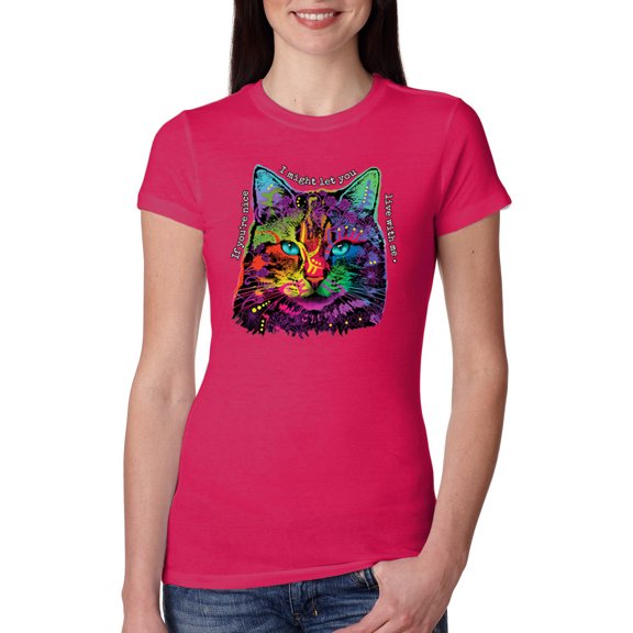 Wild Bobby, If You're Nice I Might Let You Live With Me Colorful Cat Animal Lover Womens Slim Fit Junior Tee, Raspberry, Small