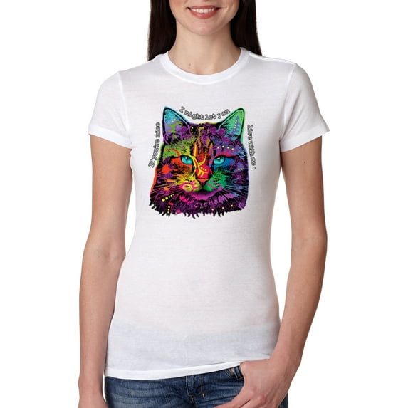 Wild Bobby, If You're Nice I Might Let You Live With Me Colorful Cat Animal Lover Womens Slim Fit Junior Tee, White, Large