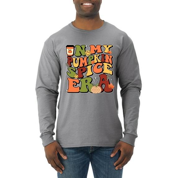 Wild Bobby In My Pumpkin Spice Era Groovy Letters Smiley Faces Thunderbolts Leaves Halloween Men Long Sleeve Shirt, Heather Grey, XX-Large