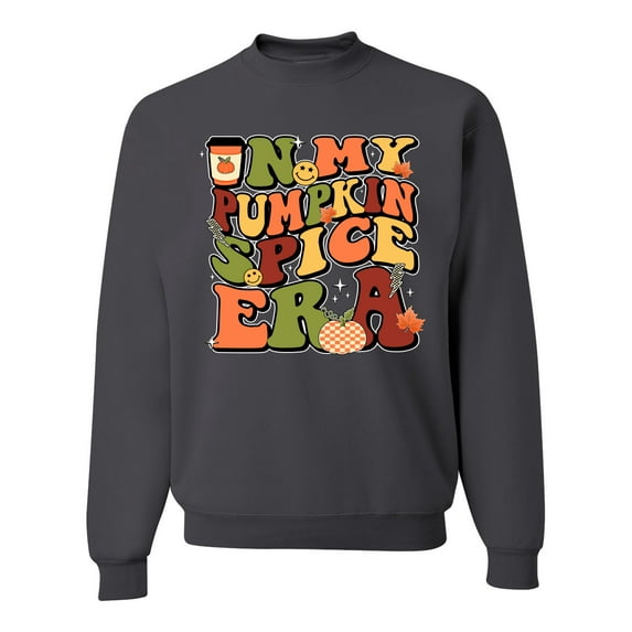 Wild Bobby In My Pumpkin Spice Era Groovy Letters Smiley Faces Thunderbolts Leaves Halloween Unisex Crewneck Sweatshirt, Charcoal, XX-Large